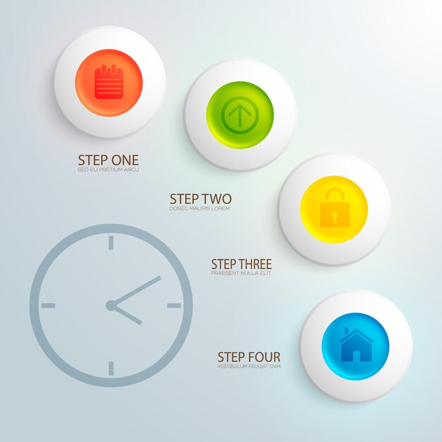 Business design concept with image of clock and colorful icons in circles flat