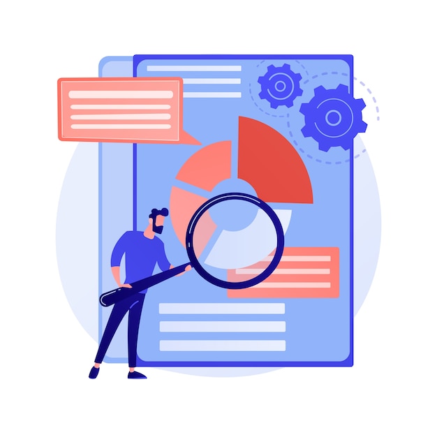 Scansione di documenti aziendali. documento elettronico in linea con infographics del grafico a torta. analisi dei dati, report annuale, controllo dei risultati. uomo con illustrazione di concetto di lente di ingrandimento