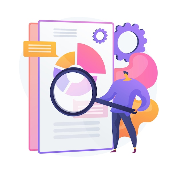 Free vector business documents scanning. electronic online doc with pie chart infographics. data analytics, annual report, result checking. man with magnifying glass.