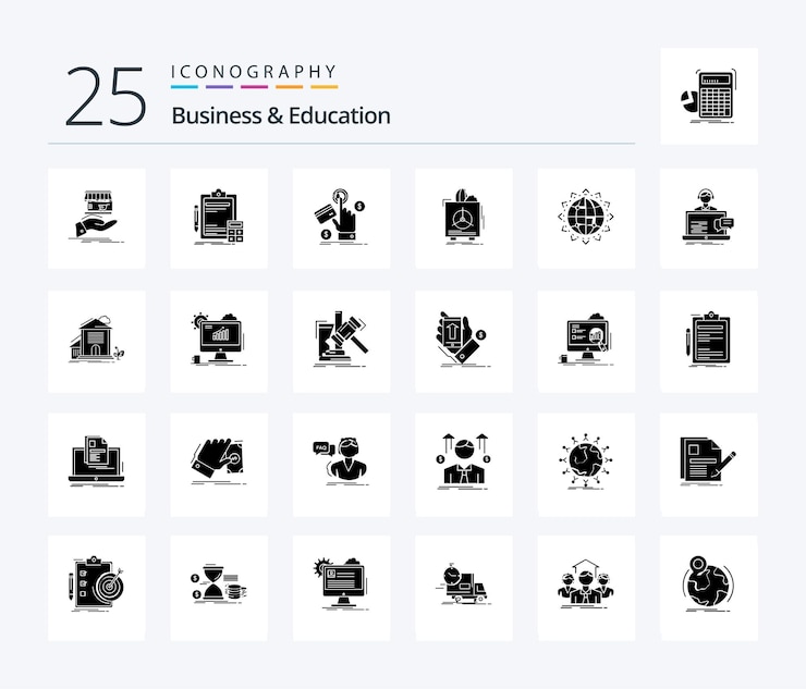 무료 Vector business and education 25 solid glyph 아이콘 팩(상품 보험 금융 웹 페이 포함)