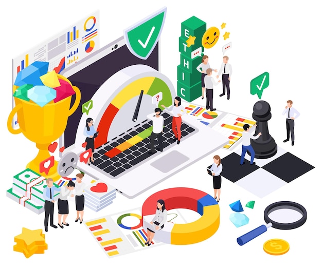 Free vector business ethics isometric composition with set of conceptual icons infographic elements business people and workspace items vector illustration