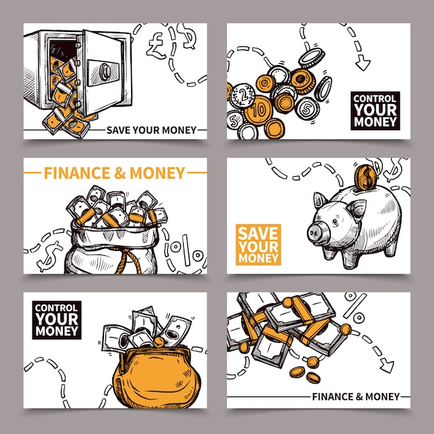 Business finance cards composition pictograms doodle 