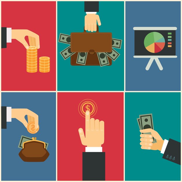 Business and Finance hands flat illustration: purchase, payment and savings