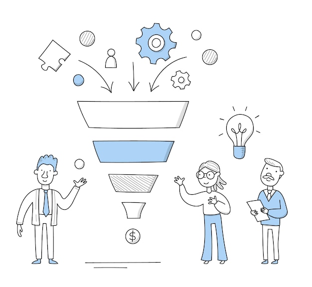 Concetto di imbuto aziendale con persone e imbuto di vendita. illustrazione vettoriale scarabocchio della strategia di marketing su internet, diagramma della gestione del traffico dei clienti online