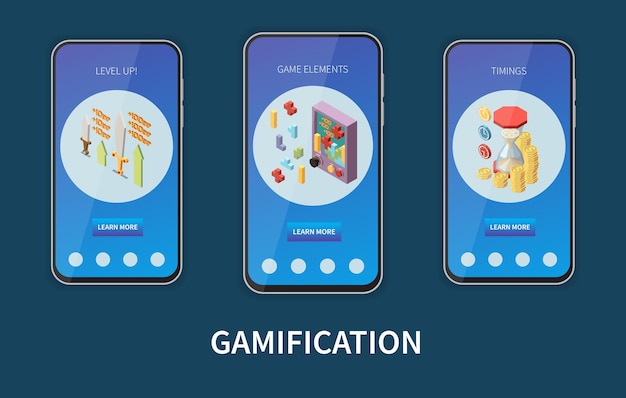 Vettore gratuito banner mobili isometrici con elementi di gamification aziendale impostati isolati su sfondo scuro illustrazione vettoriale 3d