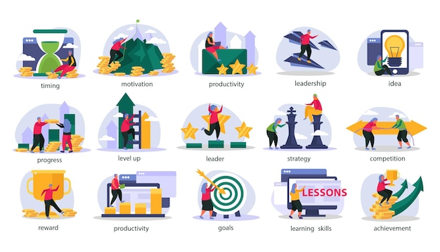 Business gamification flat color icons set illustrated new trend principles in social media marketing isolated vector illustration