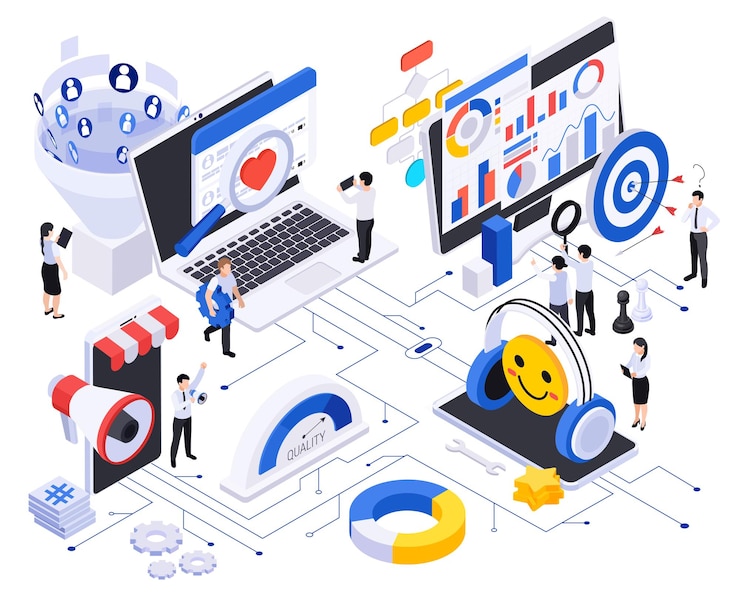 Free Vector business growth strategy isometric composition with flowchart of social network reaction icons target promotion and people vector illustration