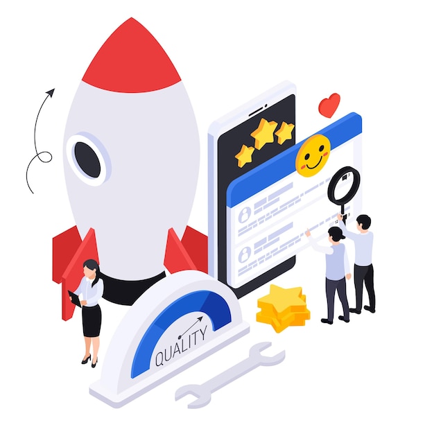 Free vector business growth strategy isometric composition with icons of rocket tools stars likes and smartphone with people vector illustration