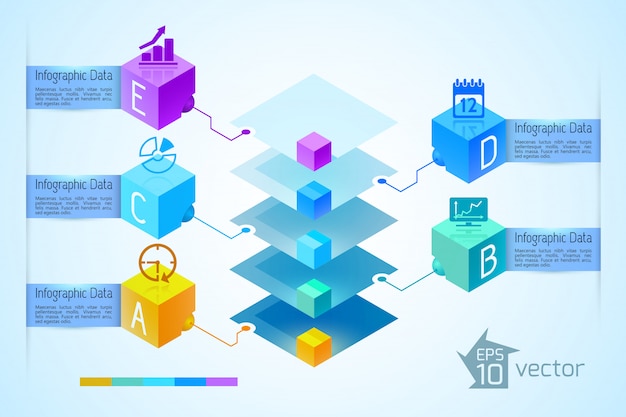 Business infographic concept with colorful diamond pyramid five text banners and icons on 3d squares illustration