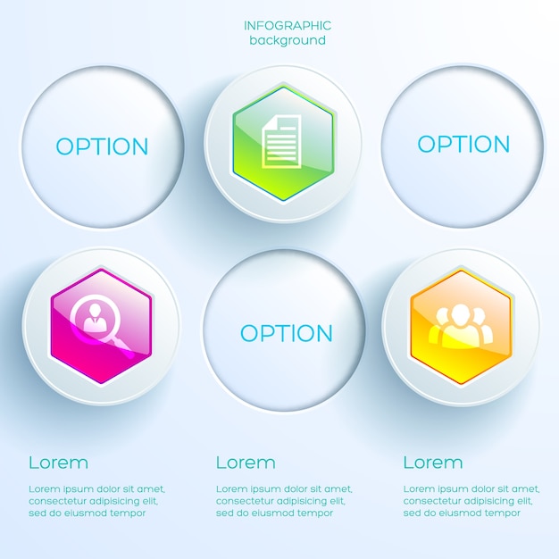 アイコンとビジネスインフォグラフィックの概念3つのオプションカラフルな光沢のある六角形と明るい円