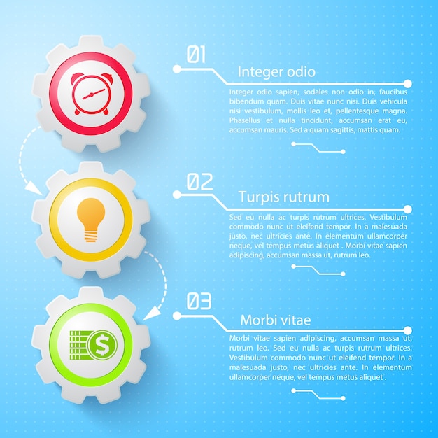 Business infographic concept with text mechanical gears colorful icons three options on light blue illustration