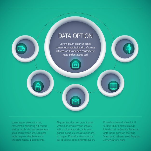 Business infographic diagram concept with circles text and neon icons on green background isolated