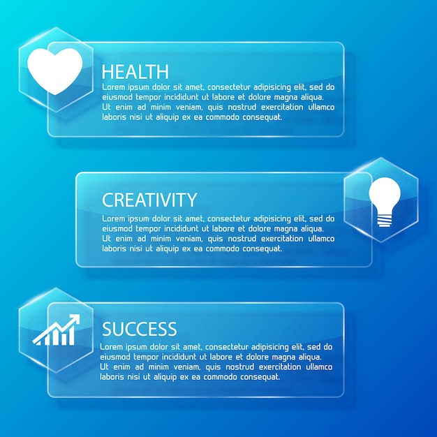 Business infographic glass horizontal banners with text hexagons and white icons on blue illustration