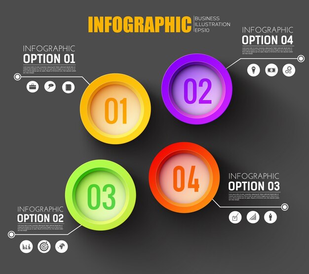 Business infographic layout with four colorful option buttons