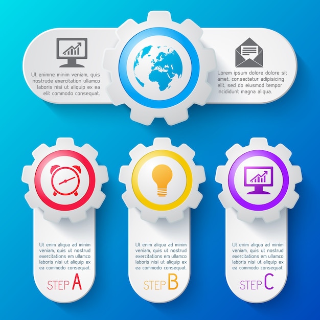 Vettore gratuito modello di business infografica con icone colorate e descrizione dei passaggi