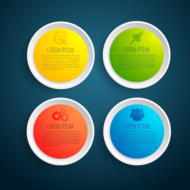 Business infographic template with colorful round elements with text field isolated