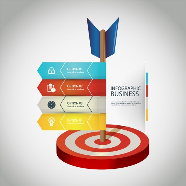 Business infographic with four options and a dartboard