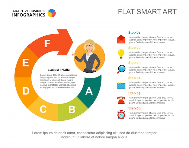 Business infographics with process chart and character icon. 