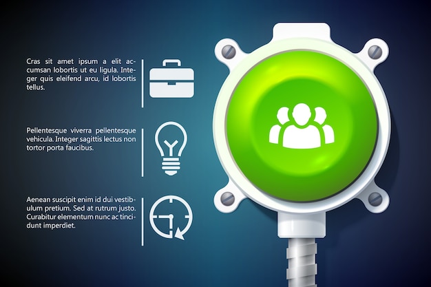 Infografica aziendale con icone di testo e pulsante rotondo verde su supporto metallico isolato