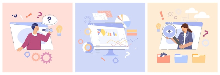 Free Vector business intelligence design concept depicting flat square illustrations of searching and gathering data  isolated vector illustration
