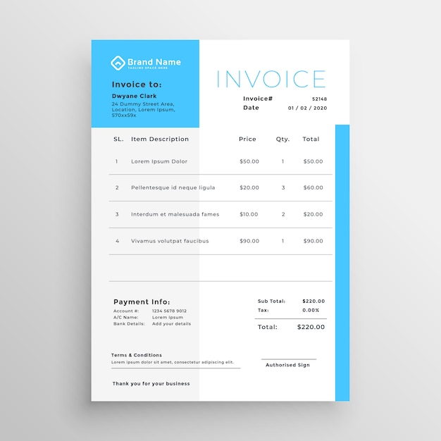 Free vector business invoice blue minimal template design