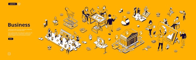 Business isometric landing page. workplace interior with people work on computers, gadgets, brainstorm and coworking cooperation in area for teamwork, office lifestyle 3d vector line art, web banner