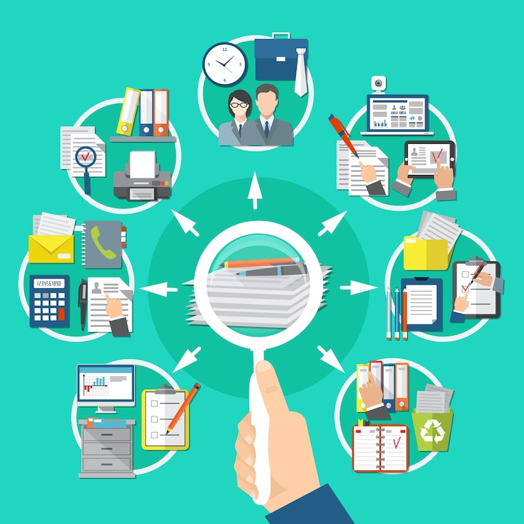 Free Vector business items round composition with search of information on documents and papers 