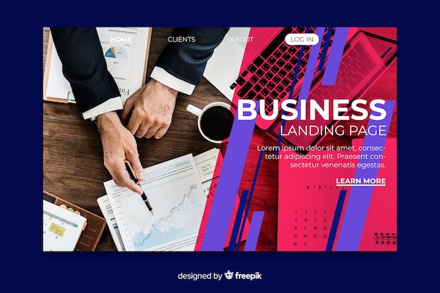 Free vector business landing page template with photo