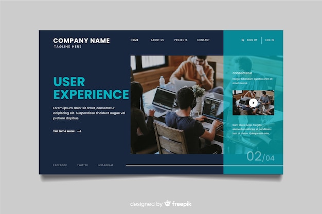 Free vector business landing page template with photo