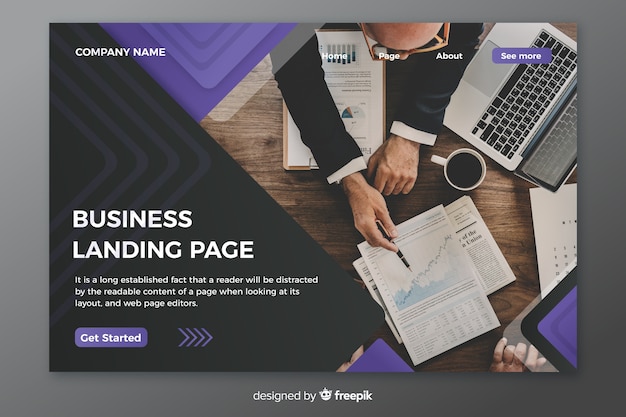 Free vector business landing page template with photo