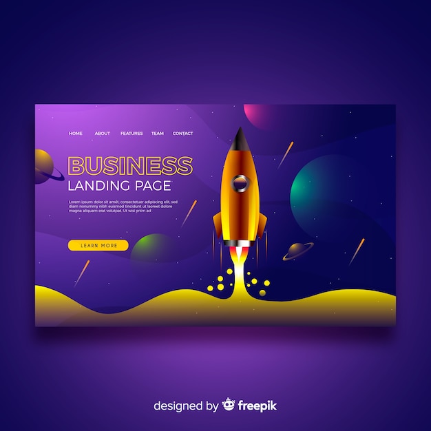 Business landing page template with rocket