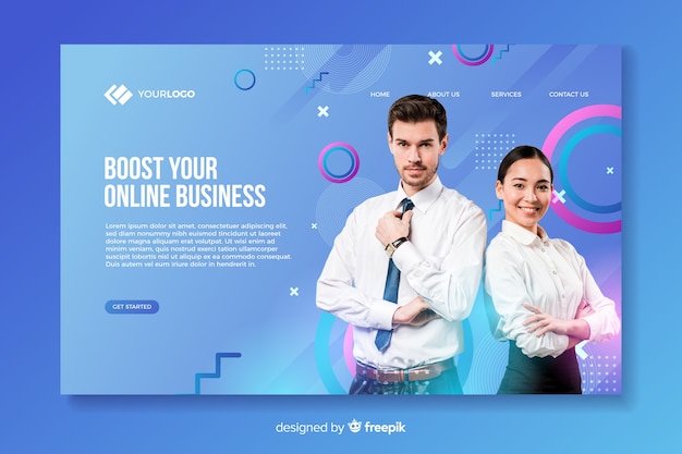 Бесплатное векторное изображение Бизнес целевая страница с фото с мужчиной и женщиной