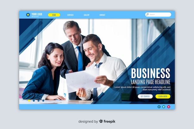 Free vector business landing page with photo