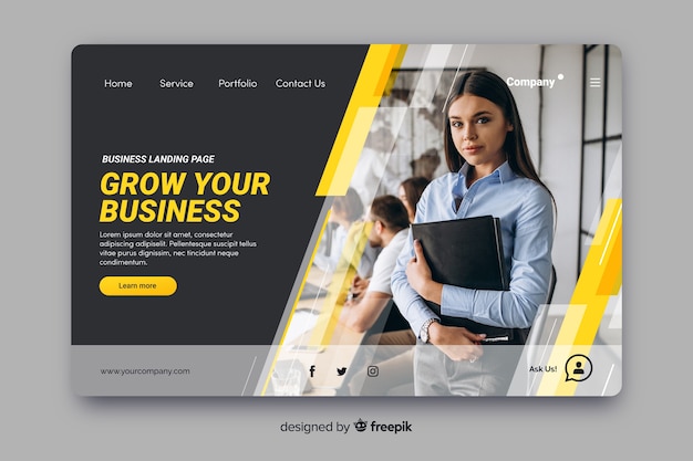 Free vector business landing page with photo