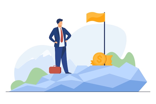 Free vector business leader achieving goal. businessman standing on top, flag, heap of cash flat illustration.