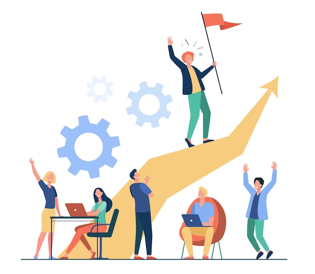 Business leader standing on arrow and holding flag flat vector illustration. cartoon people training and doing business plan. leadership, victory and challenge concept