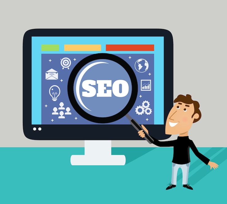 Free Vector business life employee with magnifier and big monitor seo concept vector illustration