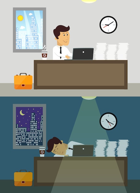 Free vector business life workaholic worker in office day and night scene vector illustration