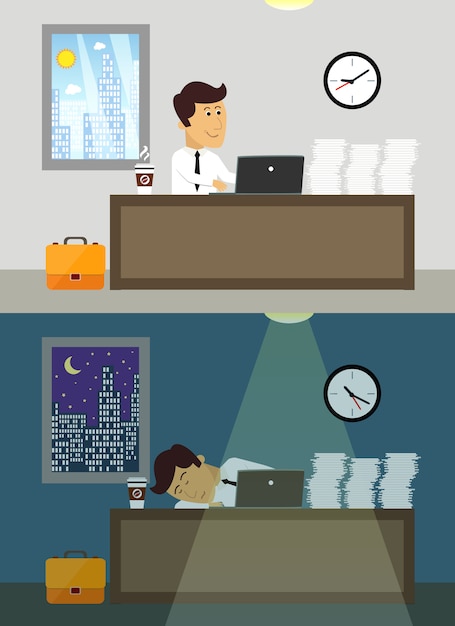 ビジネスライフworkaholic労働者のオフィスの昼と夜のシーンのベクトル図