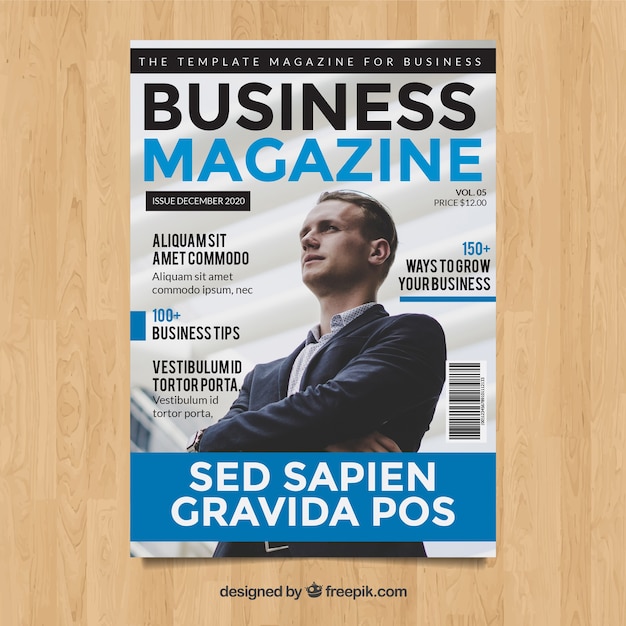 Free vector business magazine cover template with model posing