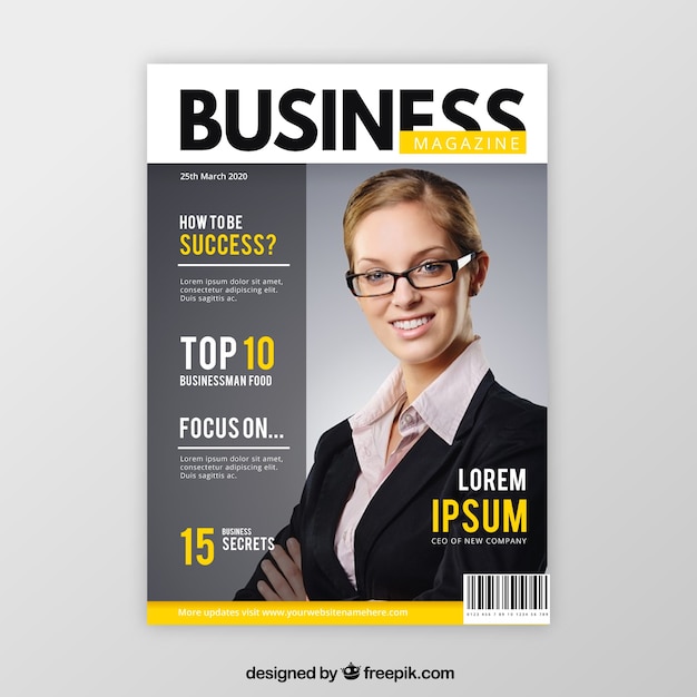 Free vector business magazine cover template with model posing