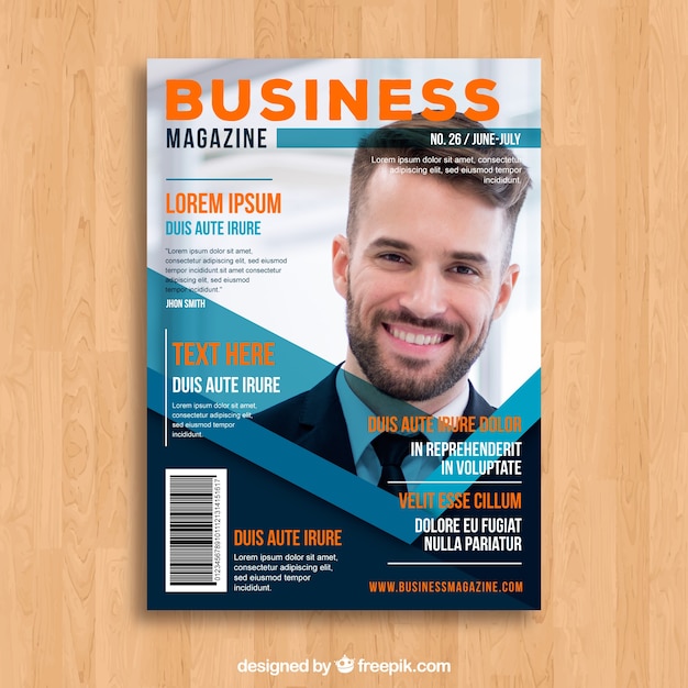 Free vector business magazine cover template with model posing