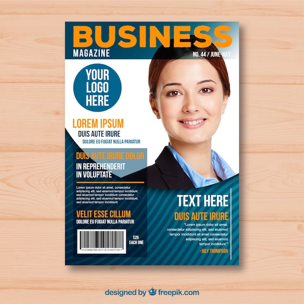 Free vector business magazine cover template with model posing