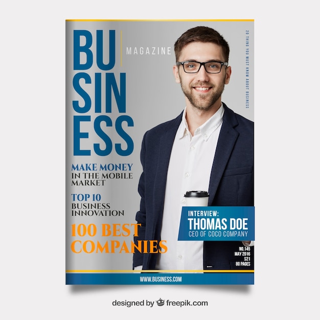 Free vector business magazine cover template with photo