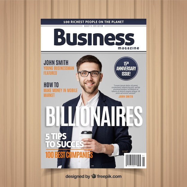 Free vector business magazine cover template with photo