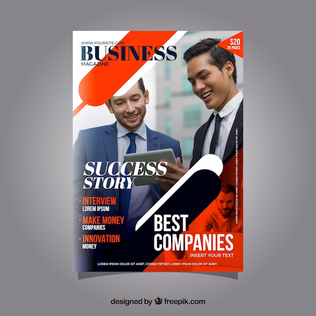 Free vector business magazine cover template with photo