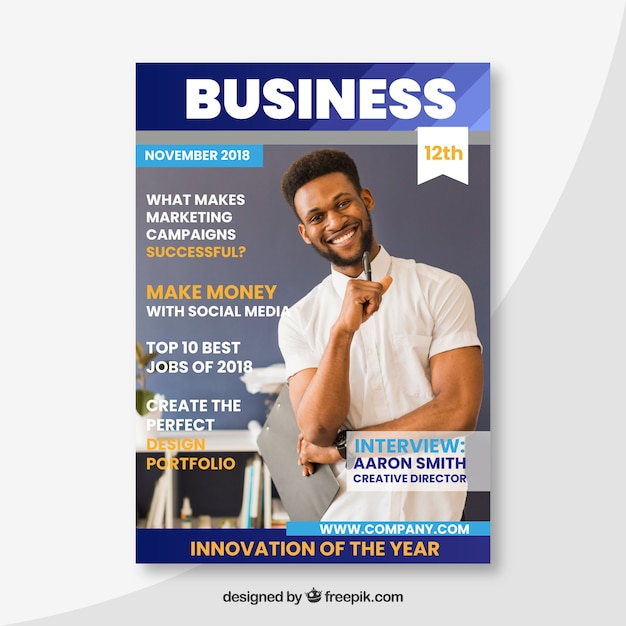 Free vector business magazine cover template with photo