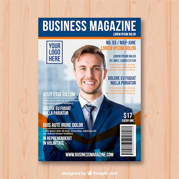 Free vector business magazine cover template with photo