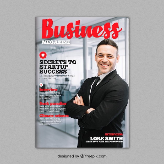 Free vector business magazine cover template with photo