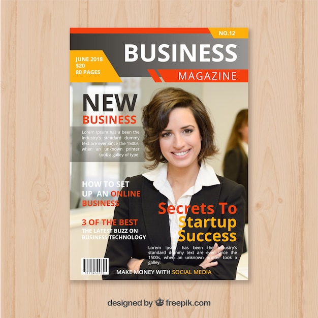 Free vector business magazine cover template with photo